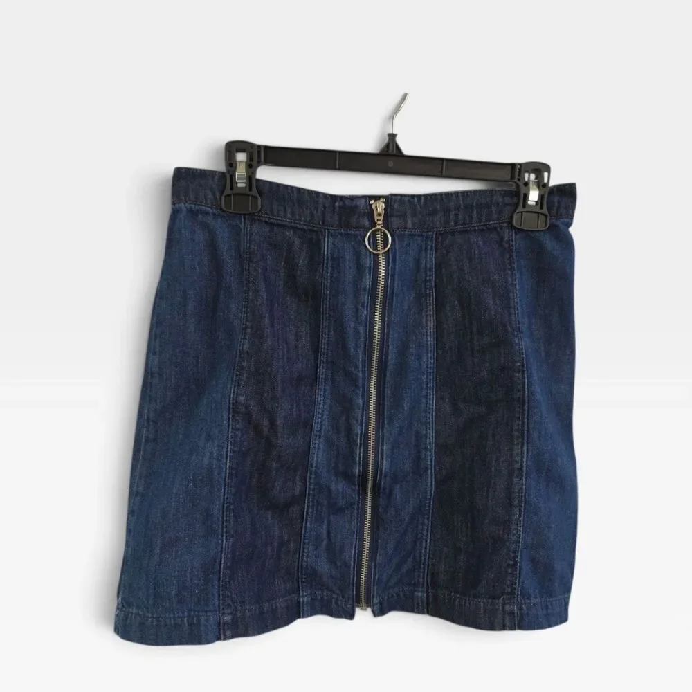 H&M Dark Wash Denim Zip Front Mini Skirt Ring Pull Paneled A-Line Size 10